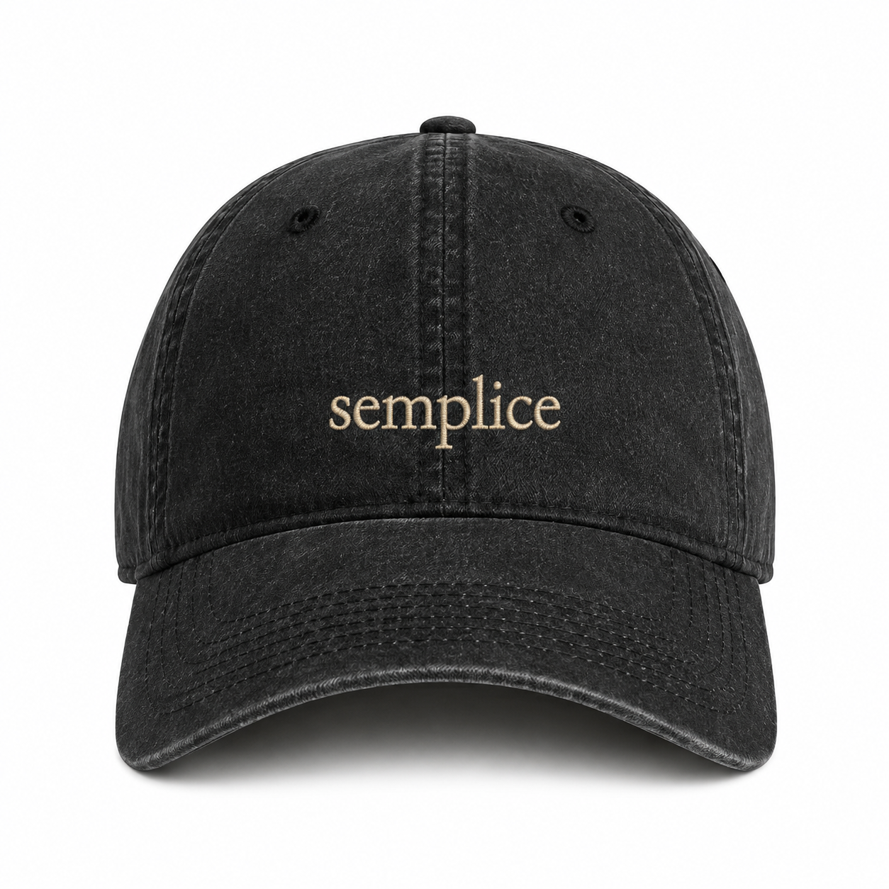 A black washed baseball cap with the word 'semplice' embroidered in a light beige serif font on the front, shown against a plain white background.